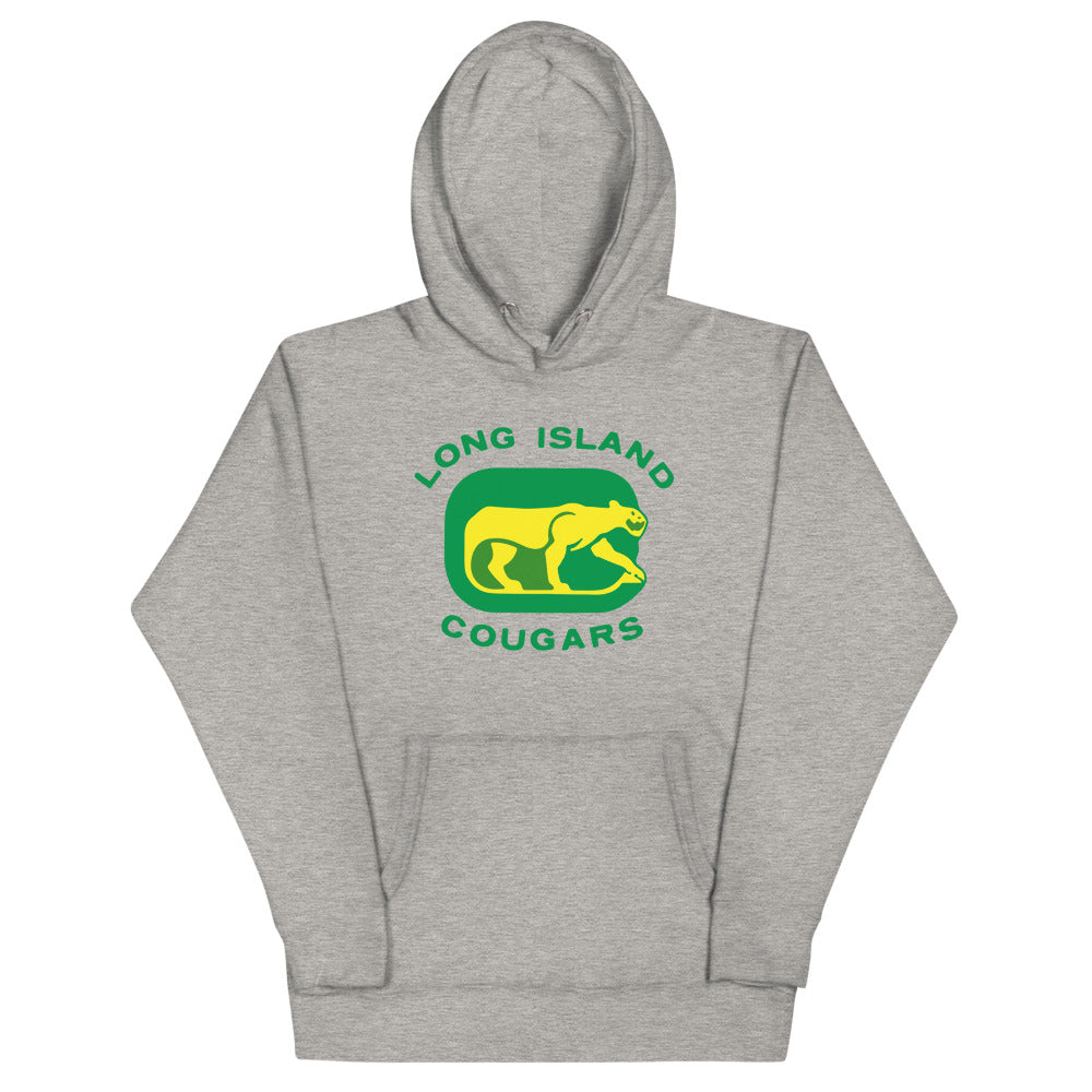 Long Island Cougars Hoodie (Premium) with the yellow cougar on a green rounded square on the front, view 2