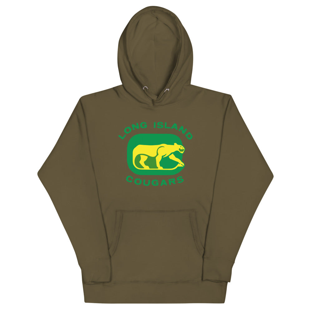 Long Island Cougars Hoodie (Premium) with the yellow cougar on a green rounded square on the front