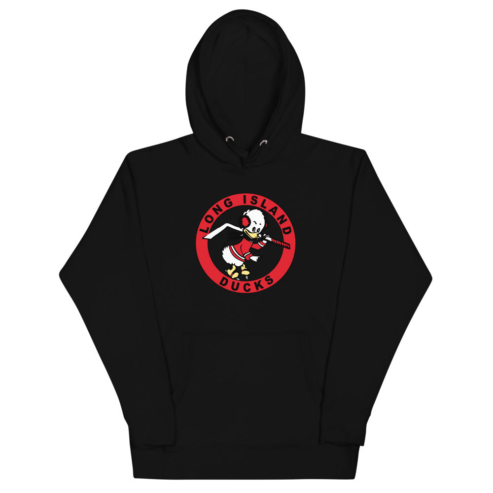 Long Island Ducks 1960s Hoodie (Premium) with the round red logo of a duck with a stick on the front, view 4