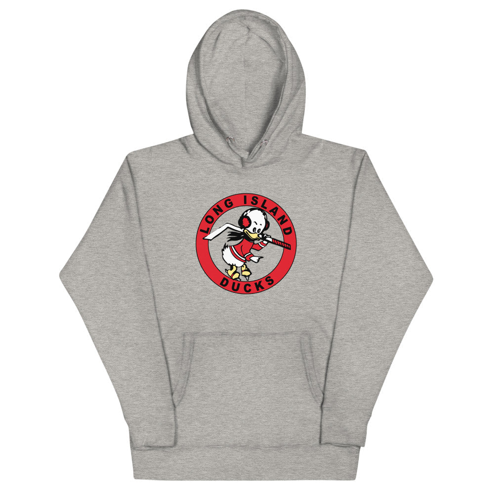 Long Island Ducks 1960s Hoodie (Premium) with the round red logo of a duck with a stick on the front