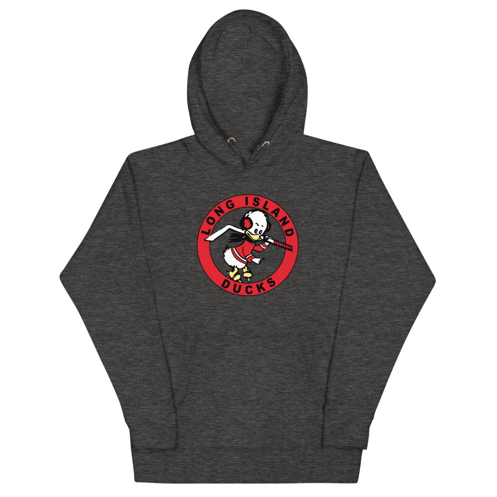 Long Island Ducks 1960s Hoodie (Premium) with the round red logo of a duck with a stick on the front, view 2