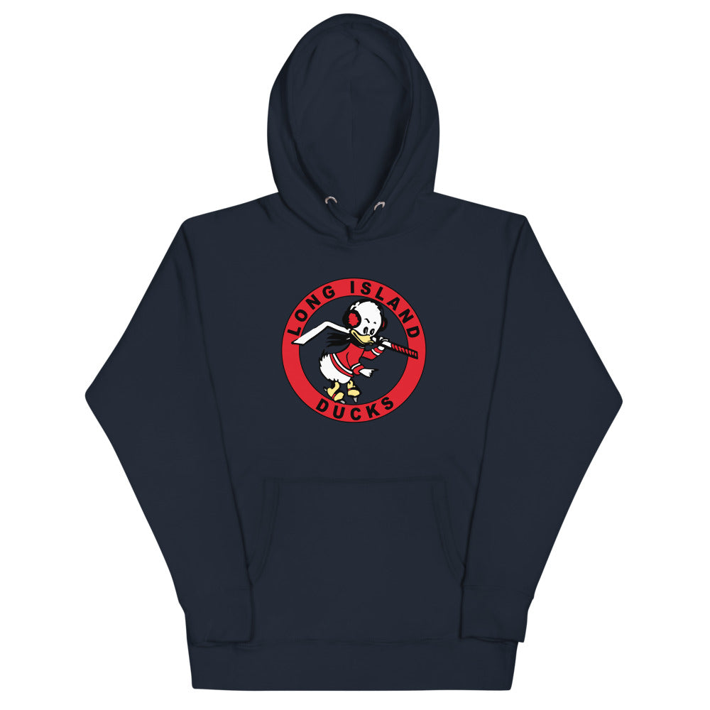 Long Island Ducks 1960s Hoodie (Premium) with the round red logo of a duck with a stick on the front, view 5