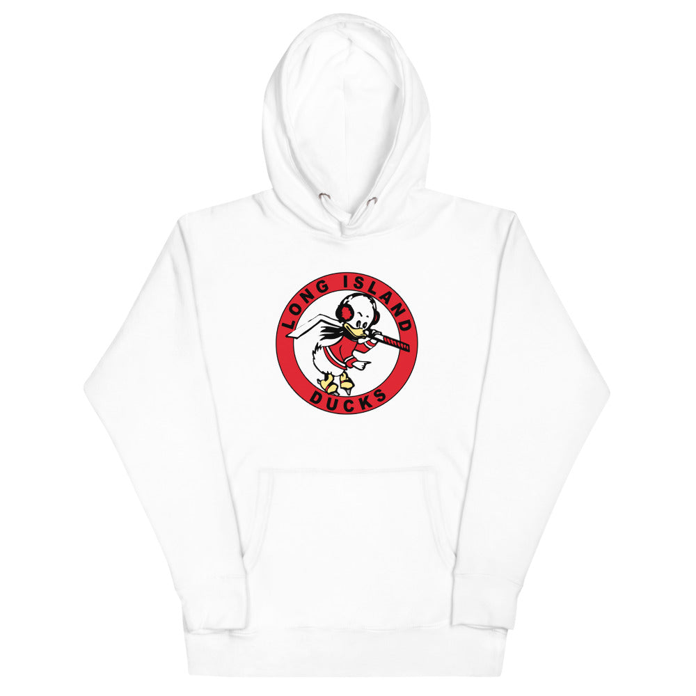 Long Island Ducks 1960s Hoodie (Premium) with the round red logo of a duck with a stick on the front, view 3