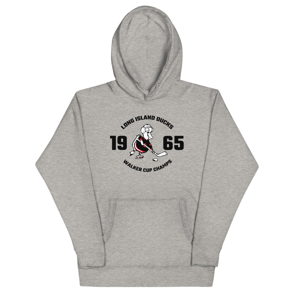 Long Island Ducks 1965 Walker Cup Champions Hoodie (Premium) with the black duck skater between the year digits on the front, view 2