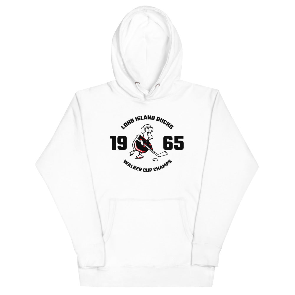 Long Island Ducks 1965 Walker Cup Champions Hoodie (Premium) with the black duck skater between the year digits on the front, view 3