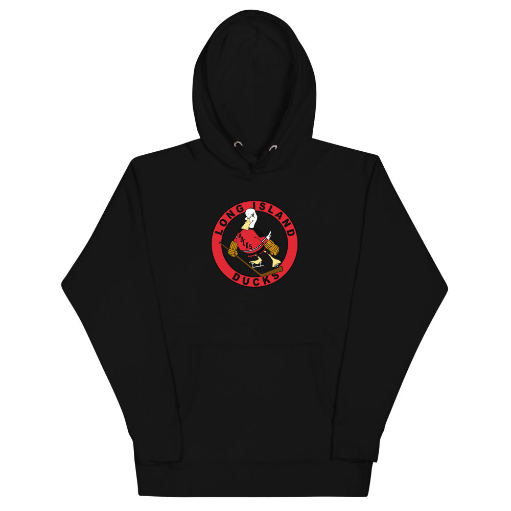 Long Island Ducks 1970s Hoodie (Premium) with the round red logo of a skating duck on the front, view 5