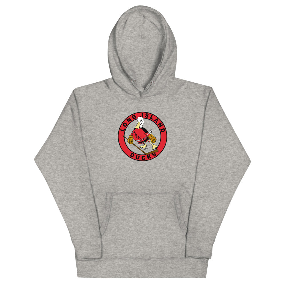 Long Island Ducks 1970s Hoodie (Premium) with the round red logo of a skating duck on the front