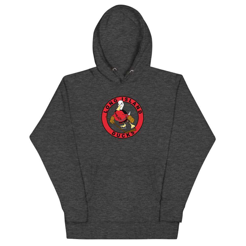 Long Island Ducks 1970s Hoodie (Premium) with the round red logo of a skating duck on the front, view 2