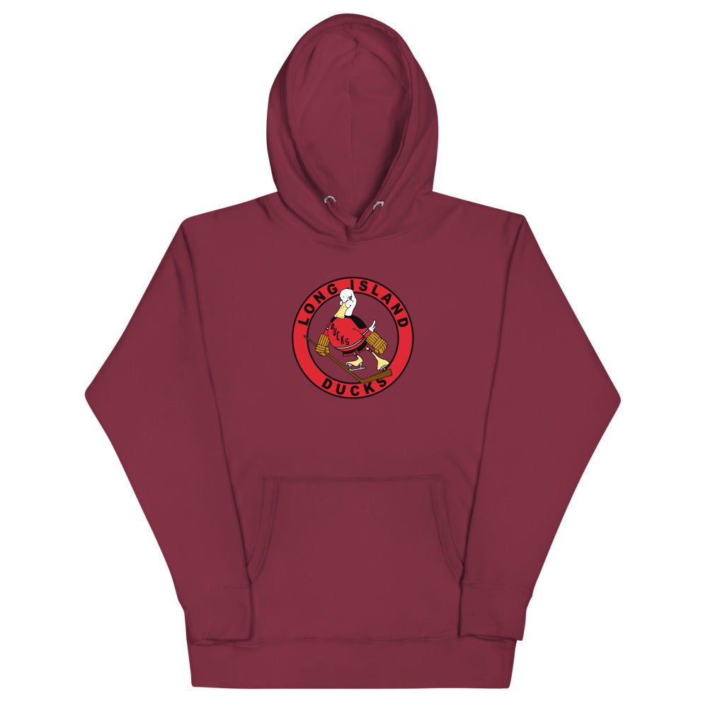 Long Island Ducks 1970s Hoodie (Premium) with the round red logo of a skating duck on the front, view 4