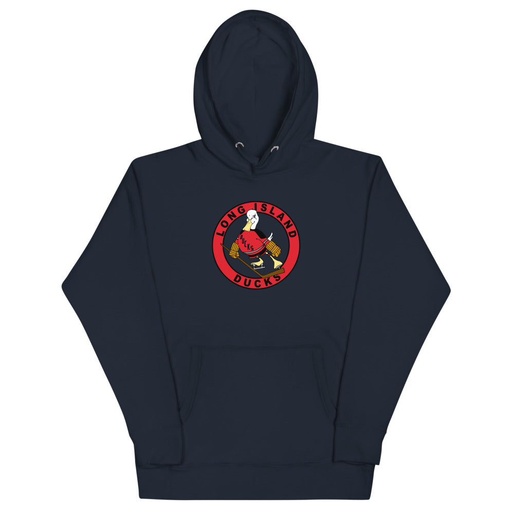 Long Island Ducks 1970s Hoodie (Premium) with the round red logo of a skating duck on the front, view 7