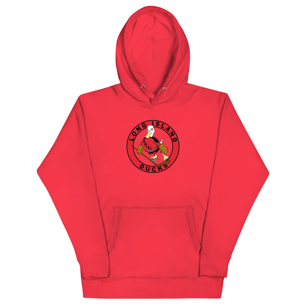 Long Island Ducks 1970s Hoodie (Premium) with the round red logo of a skating duck on the front, view 6