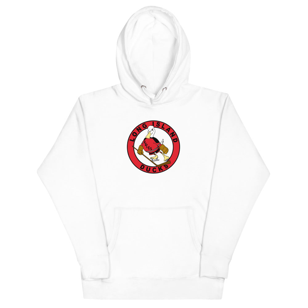 Long Island Ducks 1970s Hoodie (Premium) with the round red logo of a skating duck on the front, view 3