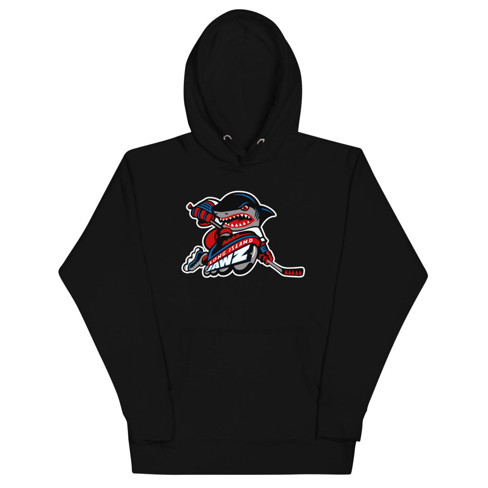 Long Island Jawz Hoodie (Premium) with the pirate shark mascot biting a hockey stick on the front, view 2