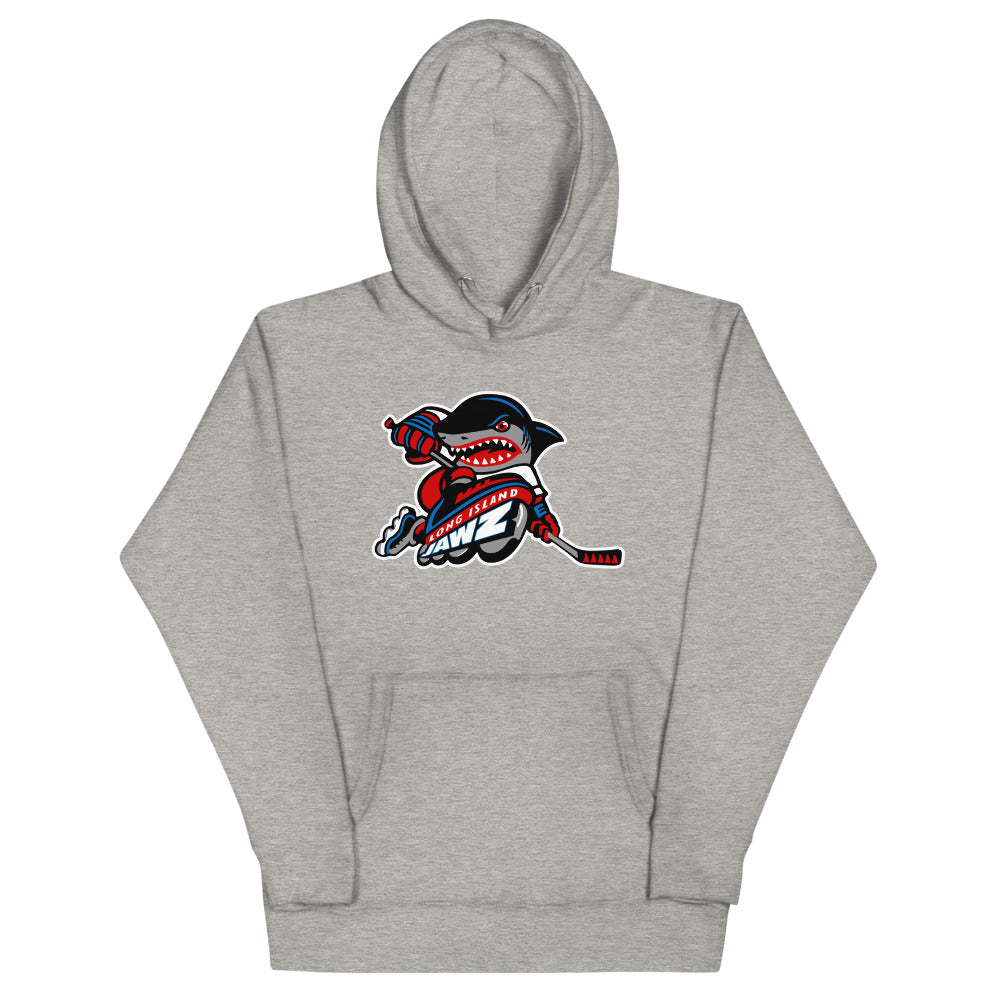 Long Island Jawz Hoodie (Premium) with the pirate shark mascot biting a hockey stick on the front, view 4