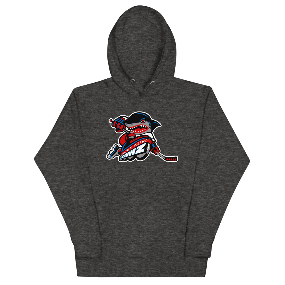Long Island Jawz Hoodie (Premium) with the pirate shark mascot biting a hockey stick on the front, view 3