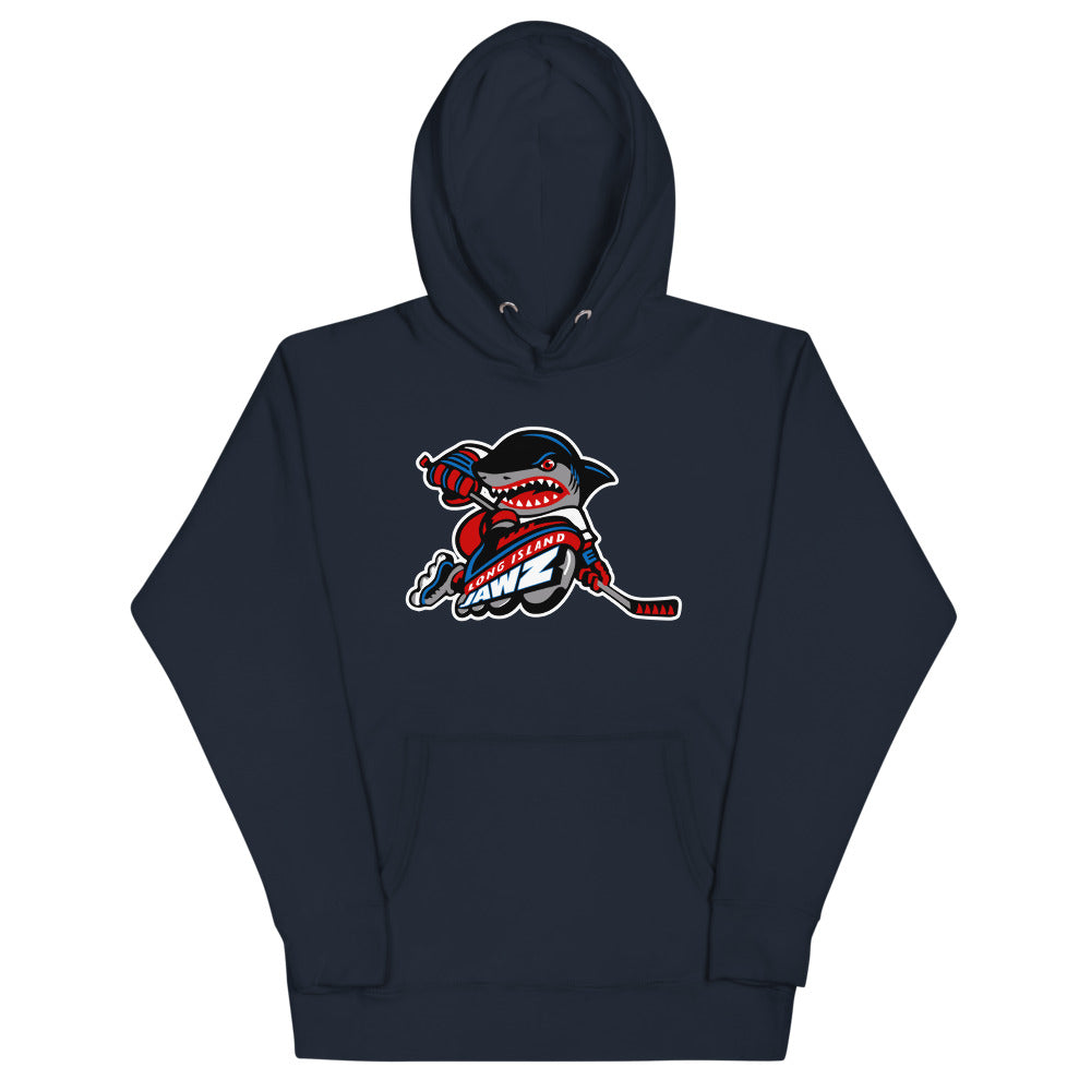 Long Island Jawz Hoodie (Premium) with the pirate shark mascot biting a hockey stick on the front, view 5