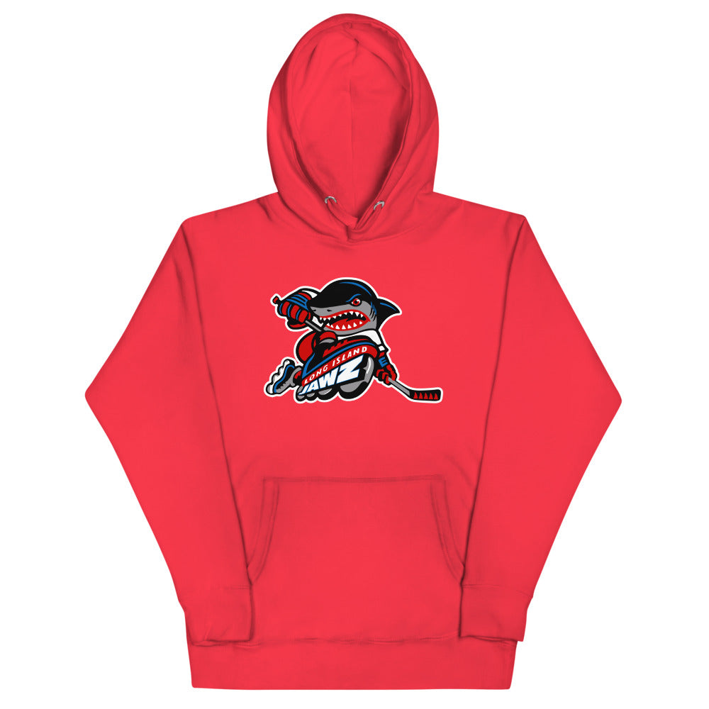 Long Island Jawz Hoodie (Premium) with the pirate shark mascot biting a hockey stick on the front, view 6