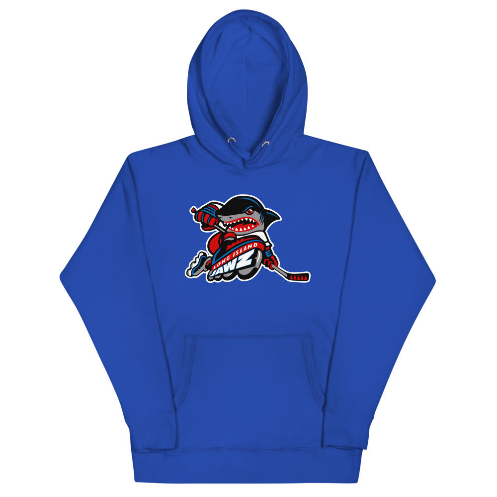 Long Island Jawz Hoodie (Premium) with the pirate shark mascot biting a hockey stick on the front