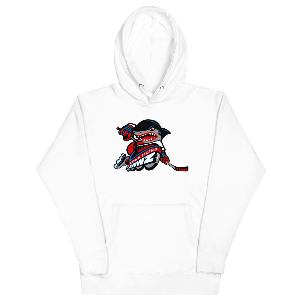 Long Island Jawz Hoodie (Premium) with the pirate shark mascot biting a hockey stick on the front, view 7