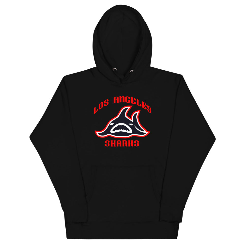 Los Angeles Sharks Hoodie (Premium) with the red shark fin with arched red lettering on the front