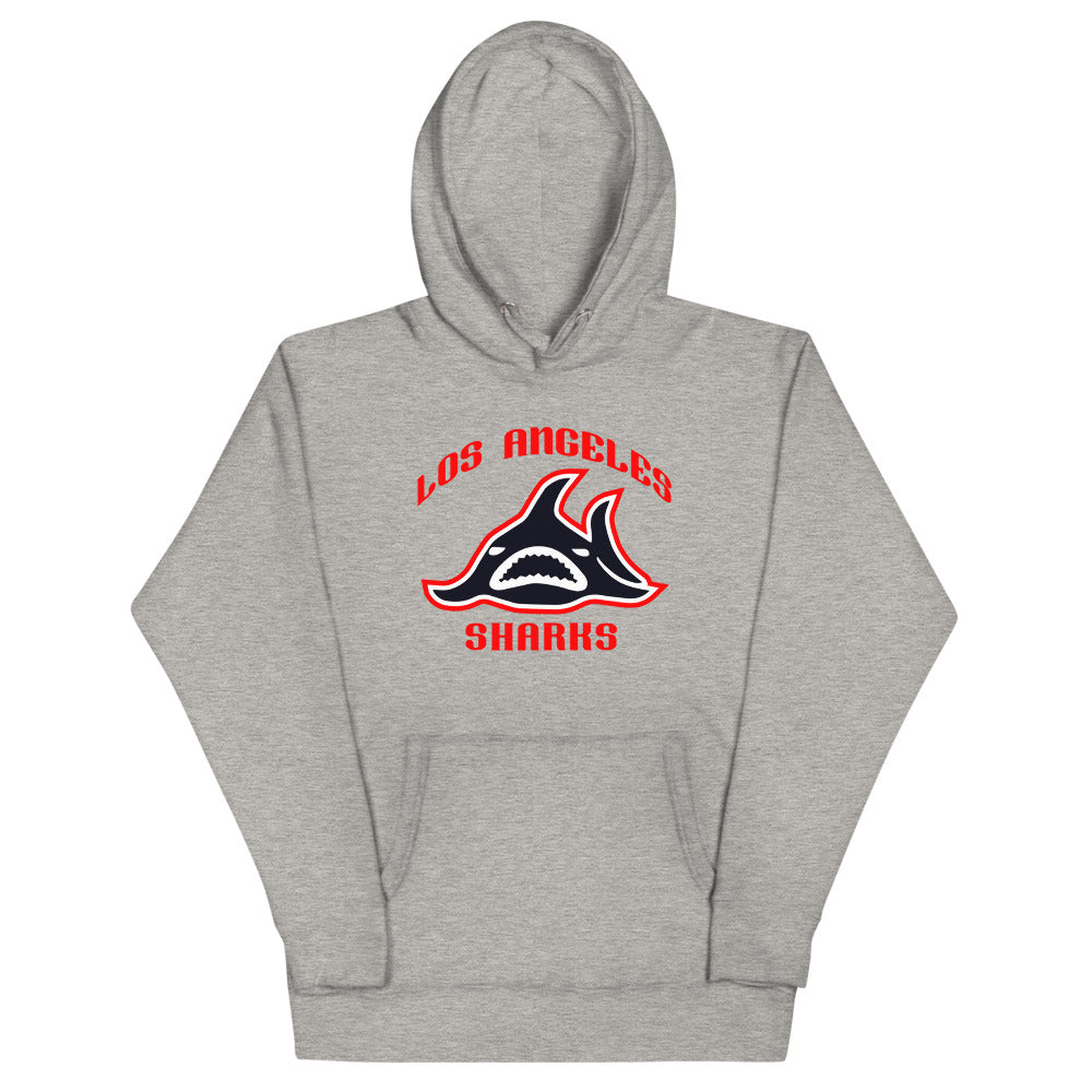 Los Angeles Sharks Hoodie (Premium) with the red shark fin with arched red lettering on the front, view 2