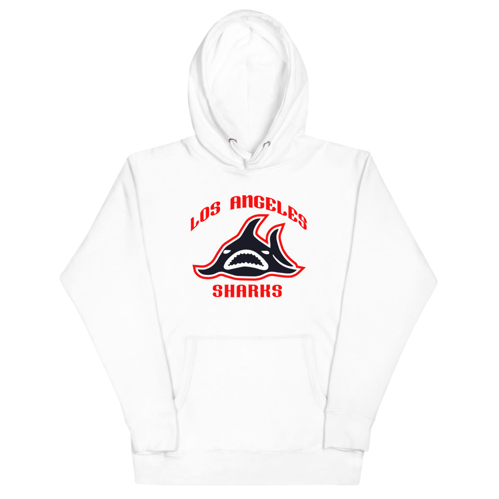 Los Angeles Sharks Hoodie (Premium) with the red shark fin with arched red lettering on the front, view 3