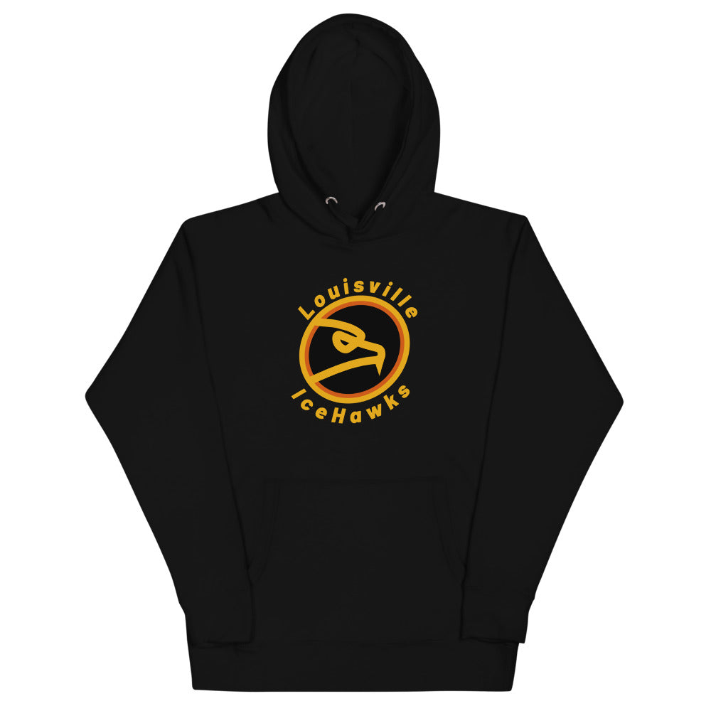 Louisville IceHawks Hoodie (Premium) with the gold ring logo of a hawk head on the front