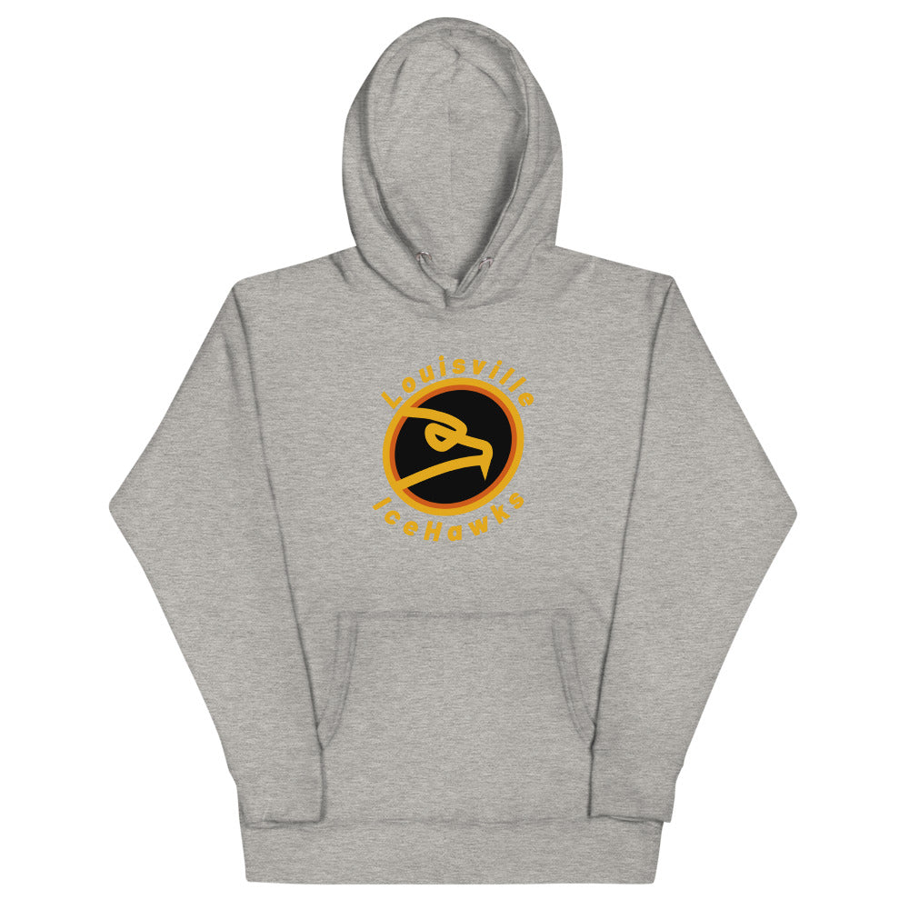 Louisville IceHawks Hoodie (Premium) with the gold ring logo of a hawk head on the front, view 3