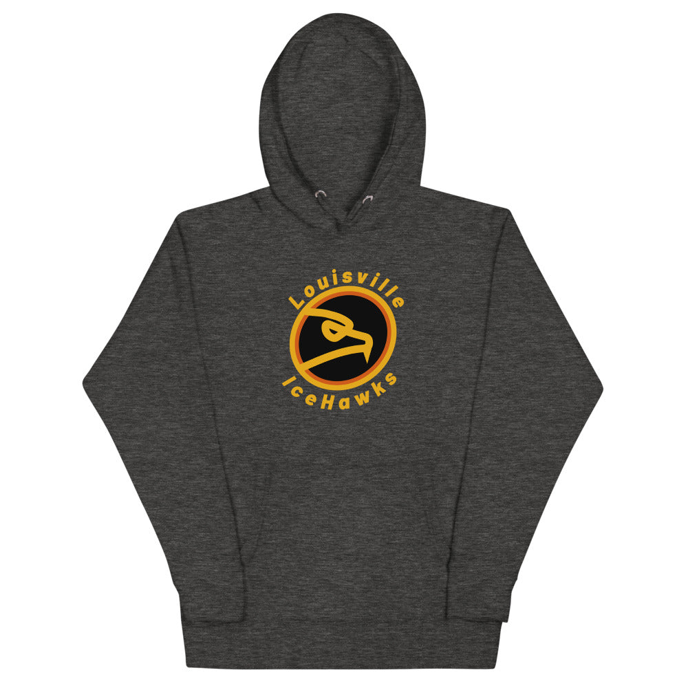 Louisville IceHawks Hoodie (Premium) with the gold ring logo of a hawk head on the front, view 2