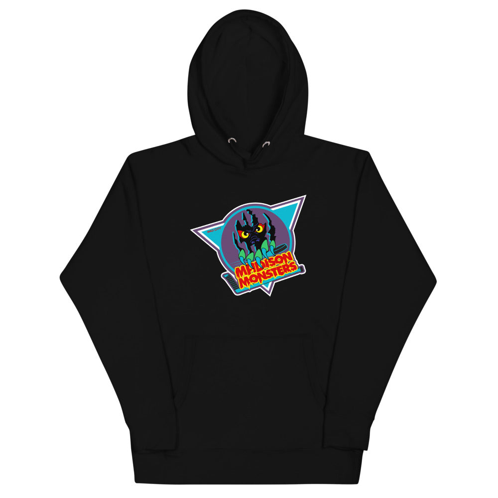 Madison Monsters Hoodie (Premium) with the green monster in a teal triangle on the front, view 2