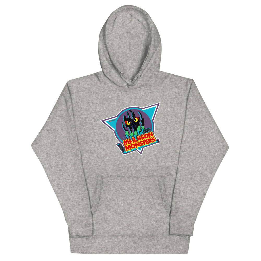 Madison Monsters Hoodie (Premium) with the green monster in a teal triangle on the front, view 4