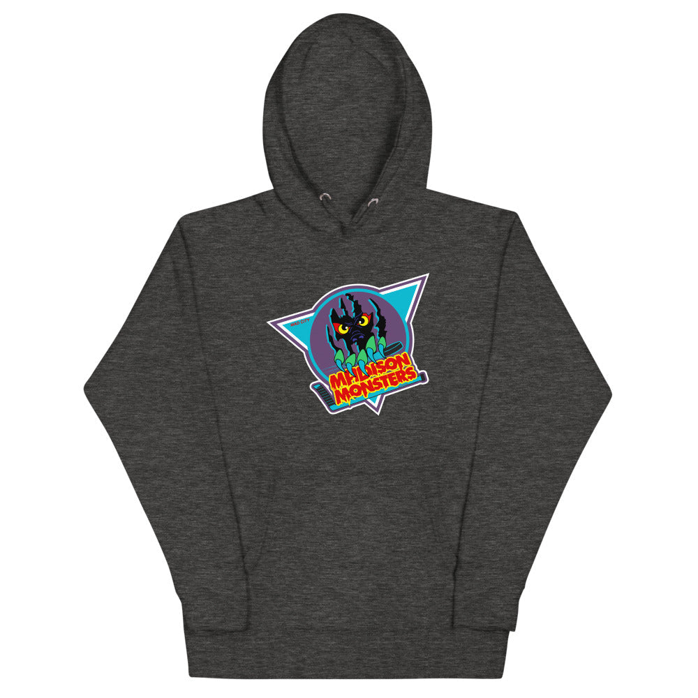 Madison Monsters Hoodie (Premium) with the green monster in a teal triangle on the front, view 3