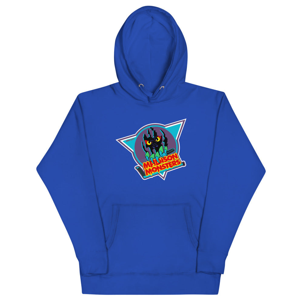 Madison Monsters Hoodie (Premium) with the green monster in a teal triangle on the front, view 5