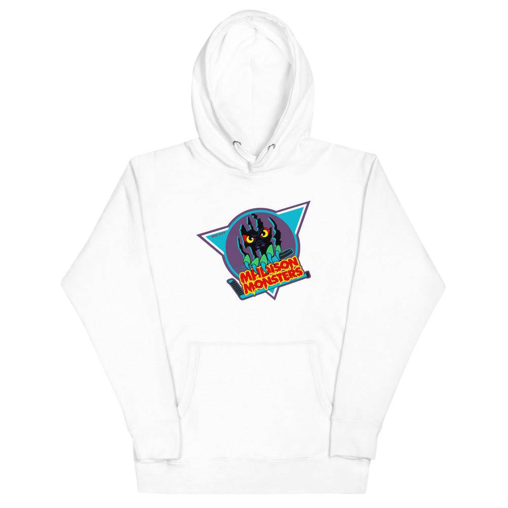 Madison Monsters Hoodie (Premium) with the green monster in a teal triangle on the front, view 6