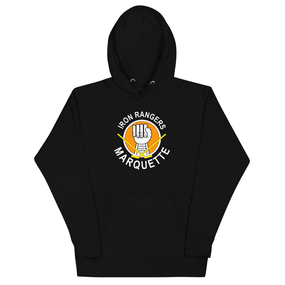 Marquette Iron Rangers Hoodie (Premium) with the round gold logo of a raised iron fist on the front