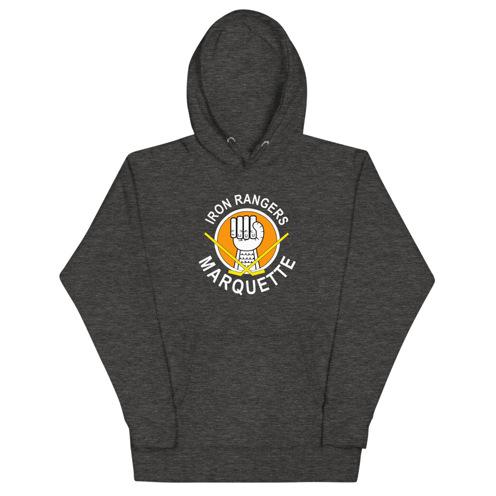 Marquette Iron Rangers Hoodie (Premium) with the round gold logo of a raised iron fist on the front, view 2