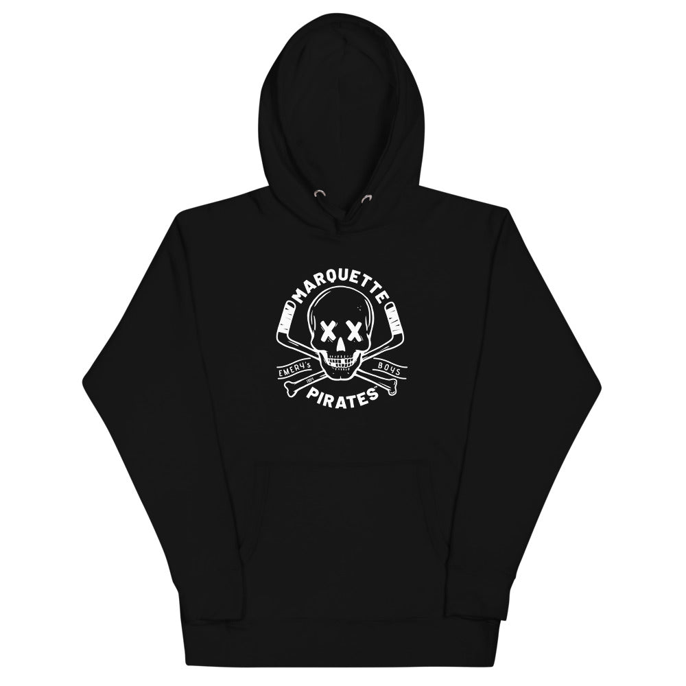Marquette Pirates Hoodie (Premium Fleece) with the white skull and crossed sticks logo on the front