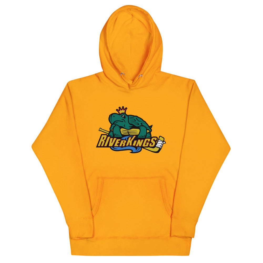 Memphis/Mississippi RiverKings 2000s Style Hoodie (Premium) with the crowned green catfish over gold script lettering on the front, view 2