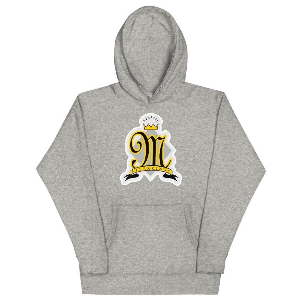 Memphis RiverKings 1990s Style Hoodie (Premium) with the gold script M with a crown in a white patch on the front, view 3