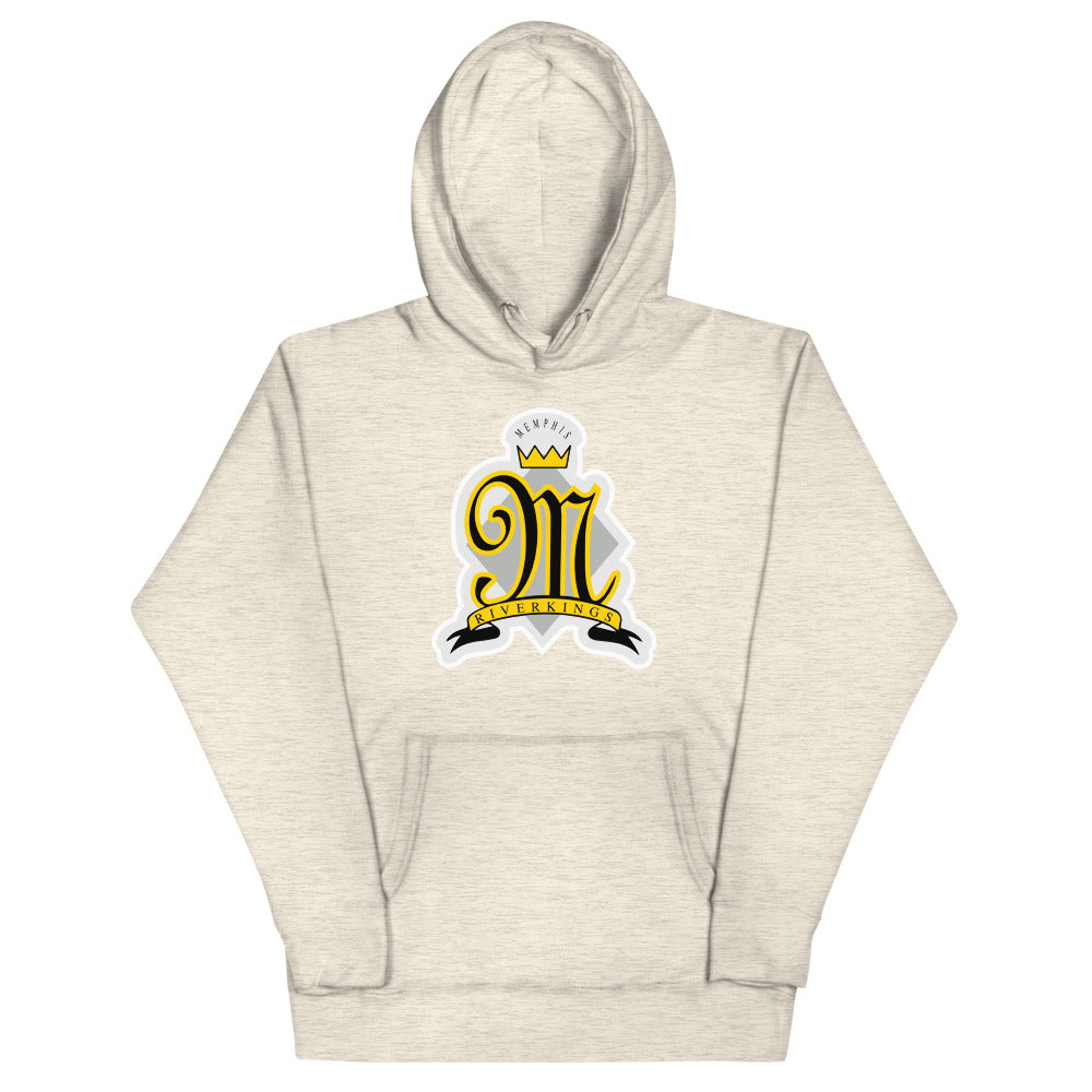 Memphis RiverKings 1990s Style Hoodie (Premium) with the gold script M with a crown in a white patch on the front, view 4