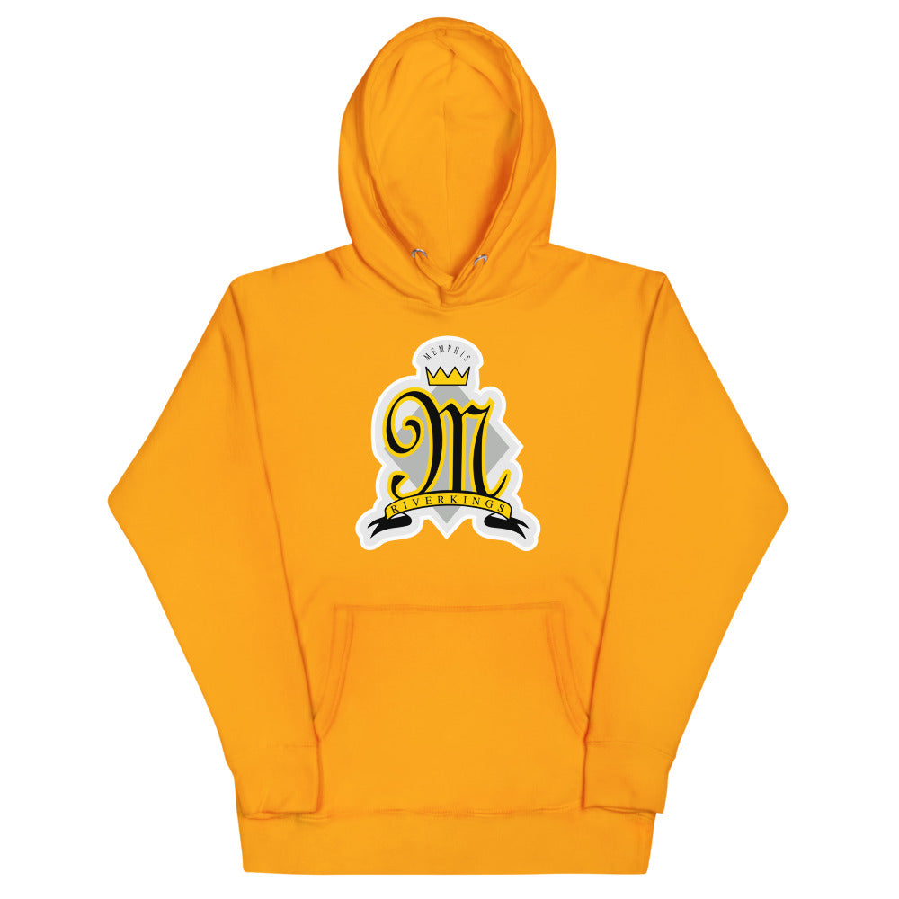 Memphis RiverKings 1990s Style Hoodie (Premium) with the gold script M with a crown in a white patch on the front, view 2