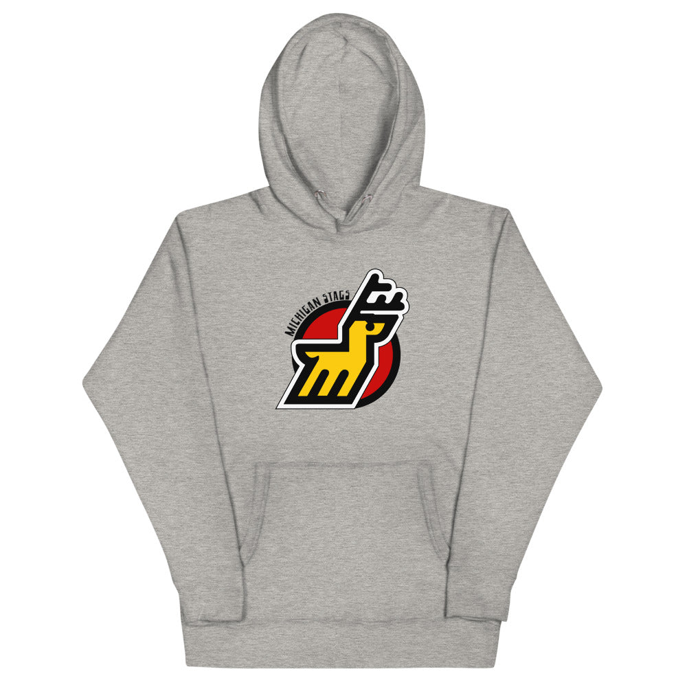 Michigan Stags Hoodie (Premium) with the yellow stag M logo on a red circle on the front, view 2