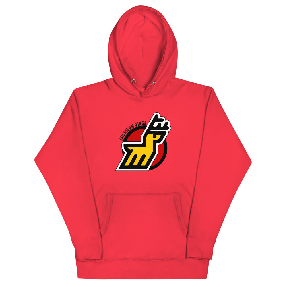 Michigan Stags Hoodie (Premium) with the yellow stag M logo on a red circle on the front