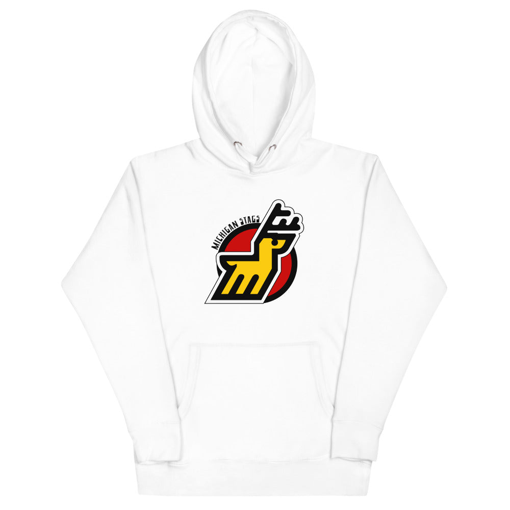 Michigan Stags Hoodie (Premium) with the yellow stag M logo on a red circle on the front, view 3
