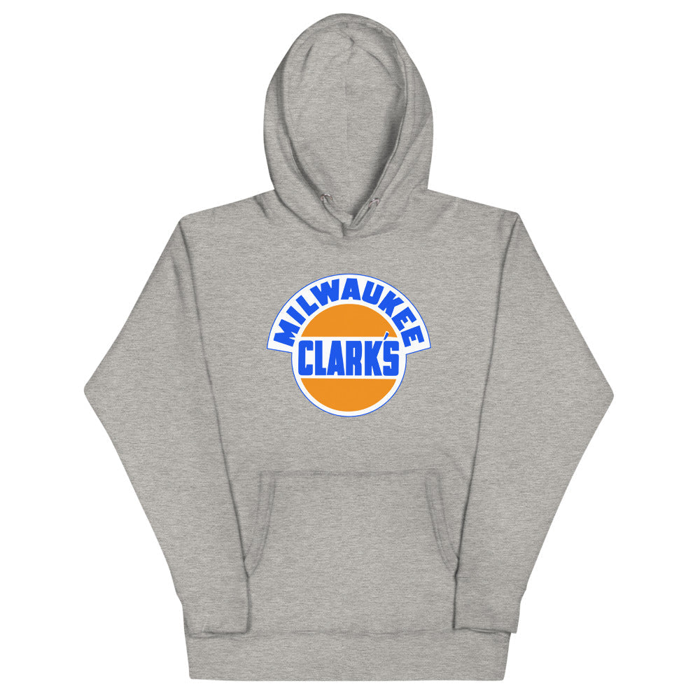 Milwaukee Clarks Hoodie (Premium) with the orange ball with blue arched lettering on the front, view 3