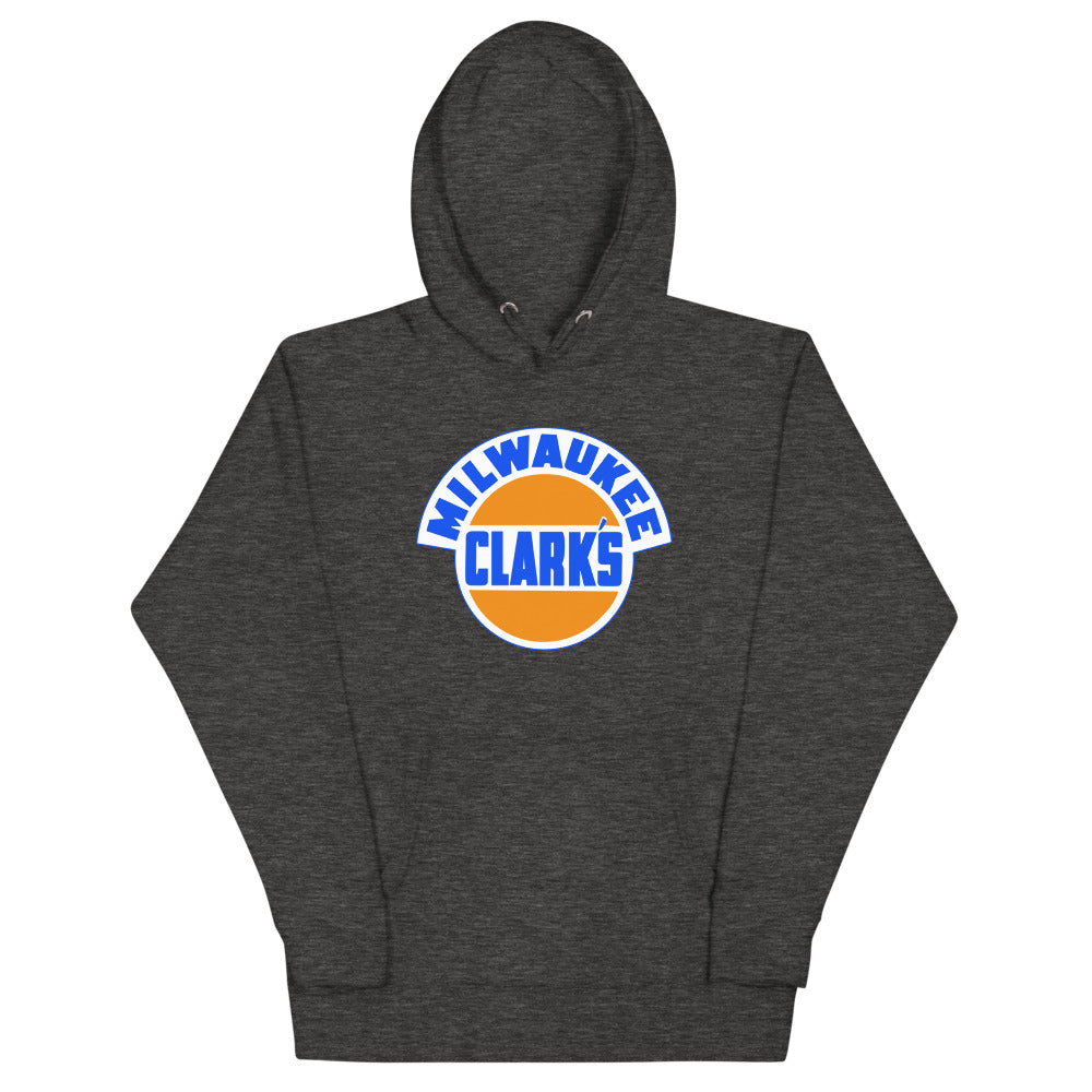 Milwaukee Clarks Hoodie (Premium) with the orange ball with blue arched lettering on the front, view 2