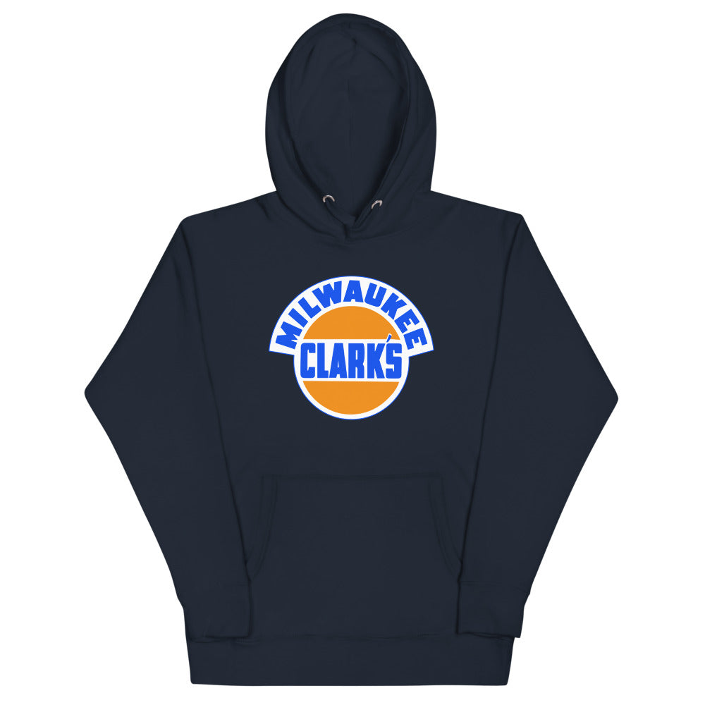 Milwaukee Clarks Hoodie (Premium) with the orange ball with blue arched lettering on the front, view 6
