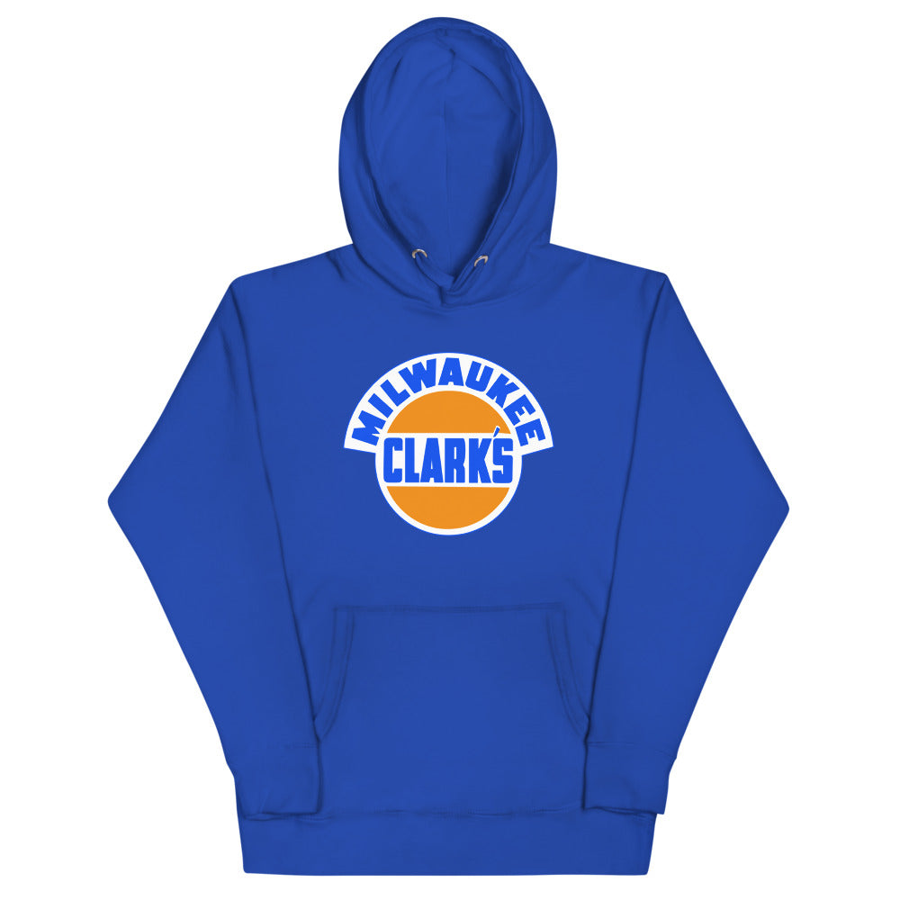 Milwaukee Clarks Hoodie (Premium) with the orange ball with blue arched lettering on the front