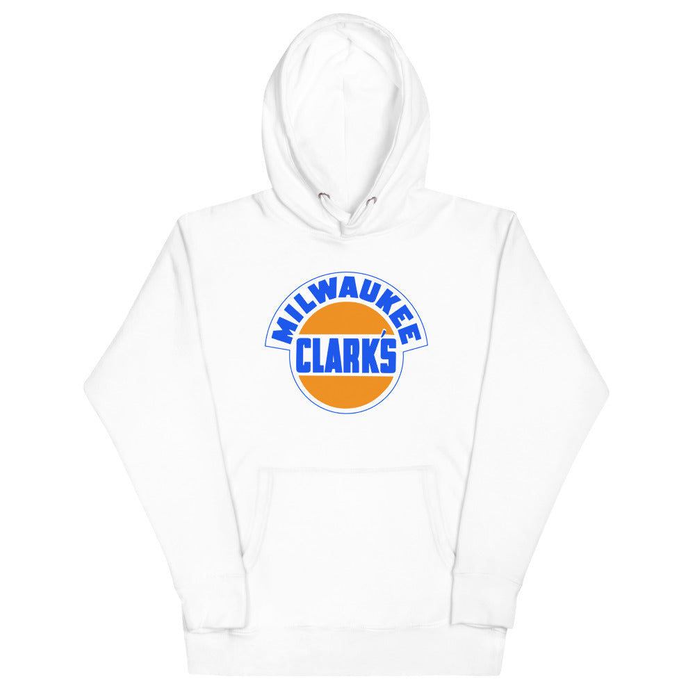Milwaukee Clarks Hoodie (Premium) with the orange ball with blue arched lettering on the front, view 4