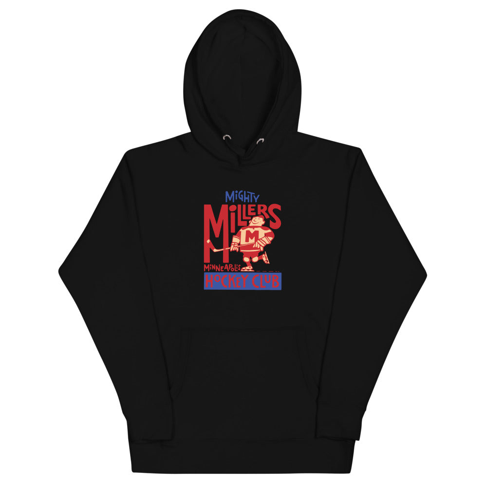 Minneapolis Mighty Millers Hoodie (Premium) with the vintage red player with stacked lettering on the front, view 2